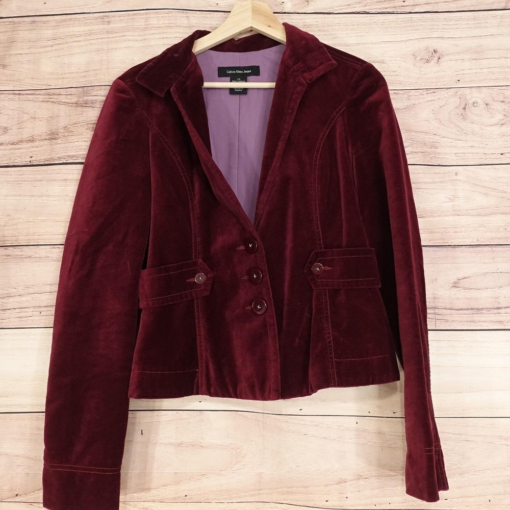 Calvin Klein Jeans Blazer Womens L Red Velvet Button Front Lined Pockets Short